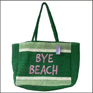 Large Green Shoulder Bag Rafia Wicker Pink Bye Beach Woven Tote Summer Straw NEW - Picture 1 of 20
