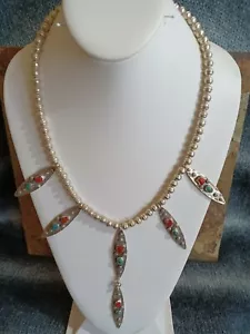 VINTAGE SOUTHWEST, TURQUOISE & CORAL STERLING SILVER NECKLACE - Picture 1 of 3