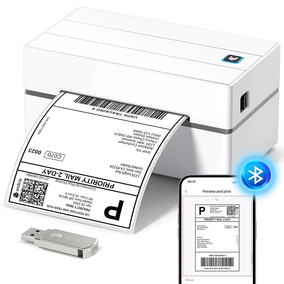 MUNBYN Bluetooth Shipping Label Printer 4x6 Thermal Label w Drive for USPS FedEx - Image 1 of 4