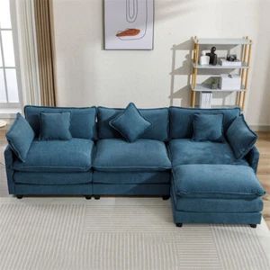 Modern Comfy Chenille L-Shaped Modular Sectional Sofa 4 Seat w/Ottoman & Pillows - Picture 1 of 24
