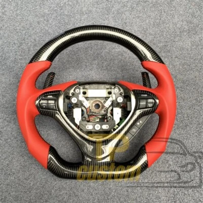 Red Leather Carbon Fiber Steering Wheel for Acura TSX 2009-2014 Paddles Shifter - Image 1 of 4