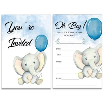 Elephant Oh Boy Baby Shower Fiesta Invitaciones con Sobres Conjunto de 20 Azul B... Foto 1 de 4