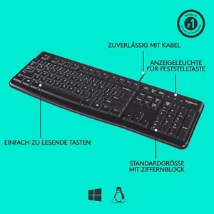 Logitech K120 920-002489 Keyboard schwarz USB Kabel Tastatur Deutsch QWERTZ Wind - Bild 1 von 6