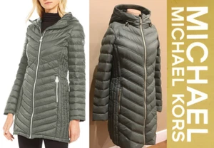NWT Michael Kors Hood Down Fill Light Green Puffer Longline Jacket Coat Sz. L - Picture 1 of 10