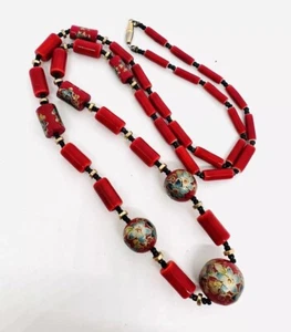 Collar de cuentas de cerámica esmaltada roja china de exportación joyería vintage - Imagen 1 de 9