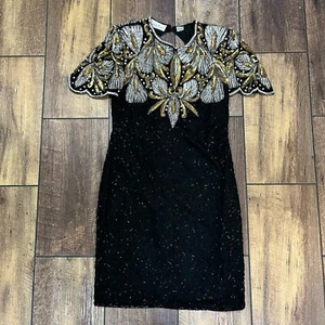 Laurence Kazar Gr. L Schwarz Gold Silber Perlen Pailletten Minikleid 100% Seide - Bild 1 von 11