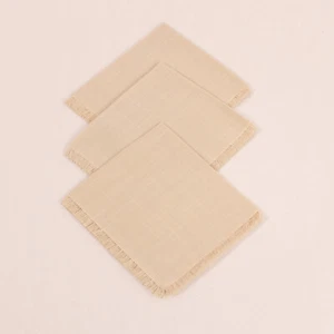 Lot of 3 Beige Woven Cloth Napkins with Fringe Hem for Dining Decor - Picture 1 of 5