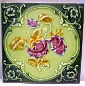 Antique Tile Majolica England Ceramic Rose Flower Purple Green Architecture "126 - Picture 1 of 3