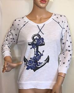  Anchor Junior's White And Blue 3/4 Sleeve Knit Shirt Top