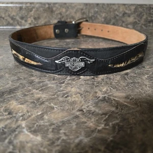 Harley Davidson Heavy Duty Black Leather Belt With Snakeskin Insets Size 36 - Picture 1 of 9