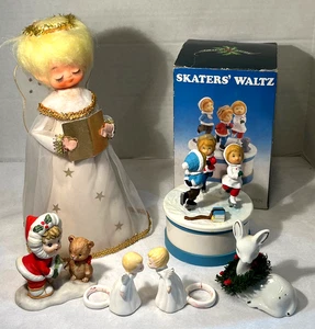 Vintage Musical Skaters Watz, Tree Topper Angel, Xmas Figurine Candle Ring Lot - Picture 1 of 22
