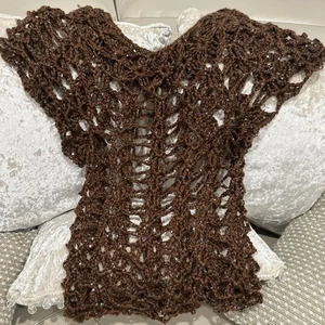 Hand Knit Crocheted Women's Blouse Openwork Cottagecore Boho Chic Beaded Sz S - Picture 1 of 7