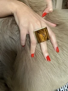 Statement Tigers Eye Cocktail Ring Huge Stone 3.5cm Gold Plated Kara S/M - Picture 1 of 8