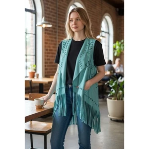 Aqua Wildlederimitat Fransen Weste Indie Boho Hippie Festival Western OS Lagenlook - Bild 1 von 9