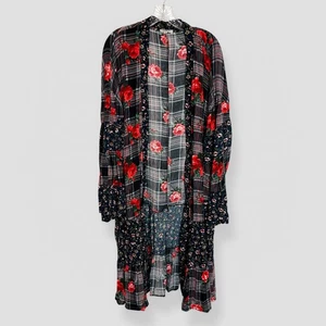 Umgee Size Large Long Open Duster Red Navy Black Floral Bohemian Casual Work - Picture 1 of 8