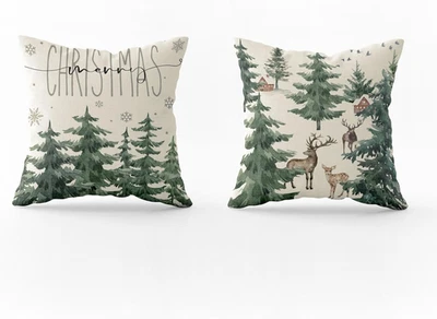 Christmas Pine Tree Pillow Covers 18×18 Inch, Winter Snow Forest Deer Throw Pill - Image 1 of 4