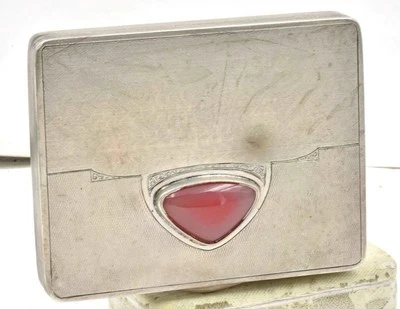 Antiga caixa de cartão pesada sólida europeia 830 prata e quartzo rosa por volta de 1930 - Imagem 1 de 4