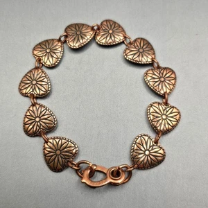 Bracciale Vintage Rame Massiccio Cuore Link 7,25" Floreale Stampato Gancio Chiusura Firmato WcMo - Foto 1 di 8