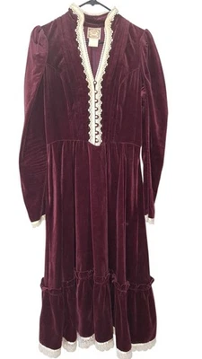 Mujer Vintage Años 70 Gunne Sax Terciopelo Encaje Borgoña Vestido Manga Larga Talla 11 Foto 1 de 4