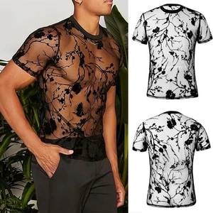 Men Floral See-Through Hollow Out Collared Short Sleeve Shirt Blouse Tops Tees - Picture 1 of 20