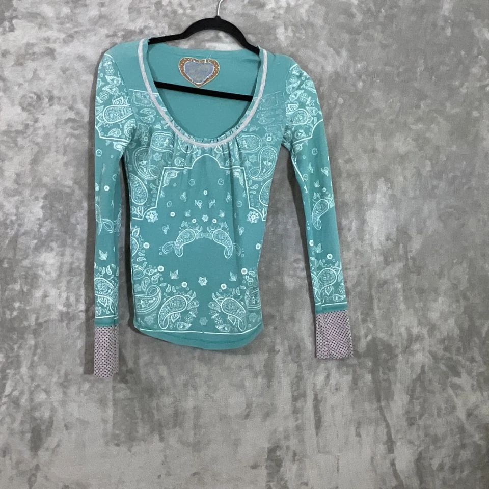 90’s Y2K Thermal waffle top women’s XS Teal Paisley alternative vamp. Diaries - Image 1 of 4