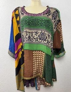 Sterling Tunika Top Damen OS Patchwork Boho Art Seide Shirt Bluse Lagenlook - Bild 1 von 17