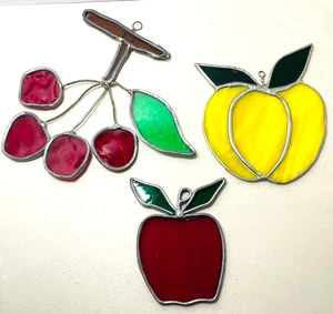 3er Set Vintage Obst Buntglas Sonnenfänger Ornamente Kirschen Äpfel - Bild 1 von 16