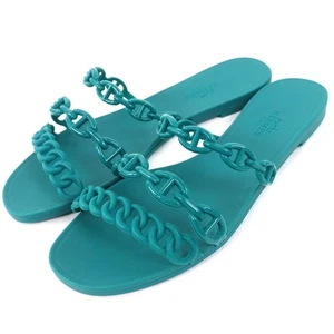 HERMES Women's Chaine d'Ancre Sandals Size 35 Rubber Green Logo Authentic Japan - Picture 1 of 10