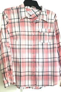 Liz Claiborne PXL Pink/Gray Plaid L. Sleeve Front Button Shirt Roll Tab Pocket - Picture 1 of 7