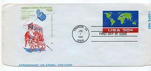 Aerograma UC56 30c World Communications Year 1983, Farnam, HF, FDC - Imagen 1 de 2