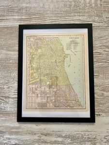 Original Vintage antike Karte von Chicago, 1889 Cram’s Atlas of the World (gerahmt) - Bild 1 von 3