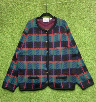 Cárdigan Tally Ho para mujer 2X suéter verde oscuro a cuadros abotonados peso pesado años 90 Foto 1 de 4