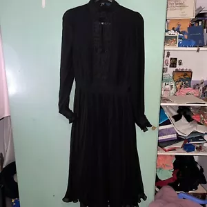 Polo Ralph Lauren Georgette Dress Black Lace-Trim Pleated Sz 2. Dark Romantic - Picture 1 of 4