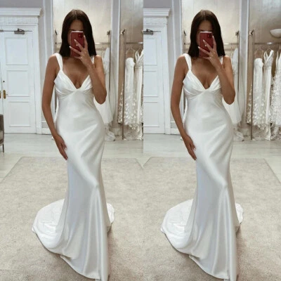 Satin Wedding Dresses Mermaid Sexy V Neck Bridal Gowns New Designer White Ivory - Image 1 of 4