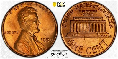 PCGS MS67 RD 1959 Lincoln Memorial Cent Red - Image 1 of 3