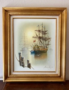 Beautiful Large Andres Orpinas Original Painting Ship In Harbor - Oil On Canvas - Picture 1 of 7