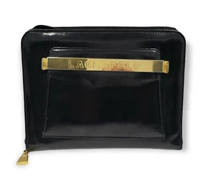 KARL LAGERFELD black patent leather zip around agenda day planner case vtg RARE  - Picture 1 of 12
