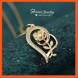 9K GOLD GF Tilted Heart Pearl Flower Charm Pendant Love Her Gift CHAIN NECKLACE - Bild 1 von 7