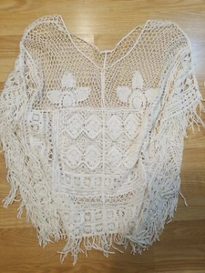 Vtg. BoHo WHITE Cotton Crochet tassled Hippy Festival Wedding Top Shirt size L - Picture 1 of 12