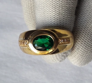 Anillo para hombre de oro amarillo macizo de 14 quilates con esmeralda creado en laboratorio, joyería para hombre - Imagen 1 de 7