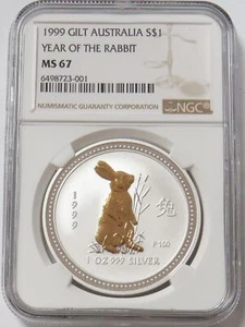 1999 SILVER AUSTRALIA 1 OZ GILT $1 YEAR OF RABBIT LUNAR COIN NGC MS 67 BOX COA - Picture 1 of 2