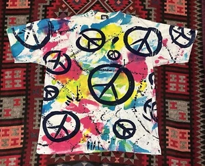 Vintage Peace Sign Shirt All Over Print Tie Dye AOP Hippie Large Single Stitch - Picture 1 of 14