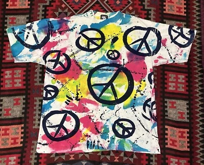 Camisa vintage con letrero de la paz estampado tie dye AOP hippie grande puntada única Foto 1 de 4