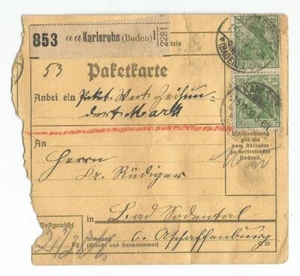 Deutsches Reich, Germania-Frankatur, Paketkarte, Wert-Paket aus Karlsruhe, Baden - Bild 1 von 2