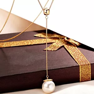 18K Rose Gold Filled Simulated Pearl Drop CZ Bead Ball Lariat Long Necklace - Picture 1 of 4