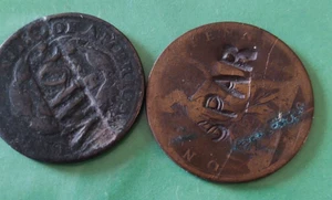 2 early Copper Coins , US & UK large cents Altered Counterstruck BROWN / SPAR - Picture 1 of 2