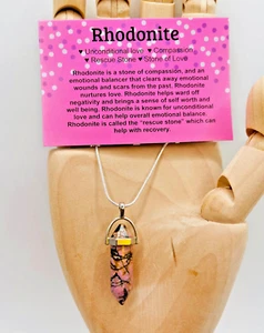 Rhodonit Halskette Anhänger Heilstein versilbert Kette + Karte - Bild 1 von 7