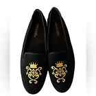 Aerosoles Black/Gold Betunia Suede Leather Embroidered Slip On Flat Loafer 10M