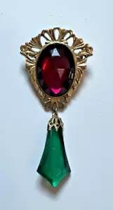 Gold Tone Brooch - Faux Oval Purple + Faux Tear Drop Green Stones - VTG (1970s) - Picture 1 of 9