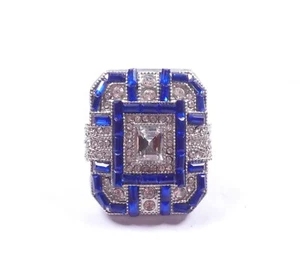 Enorme Anillo Declaración Cóctel Diseño Art Deco Piedras Azules y Transparentes - Imagen 1 de 8